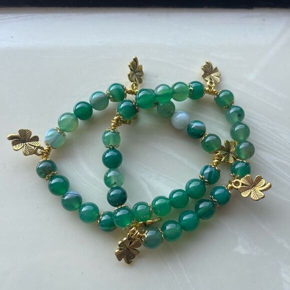 Green dyed agate 4 leaf clover ONE stretch bracelet NEW beaded reiki meditation - Picture 4 of 13